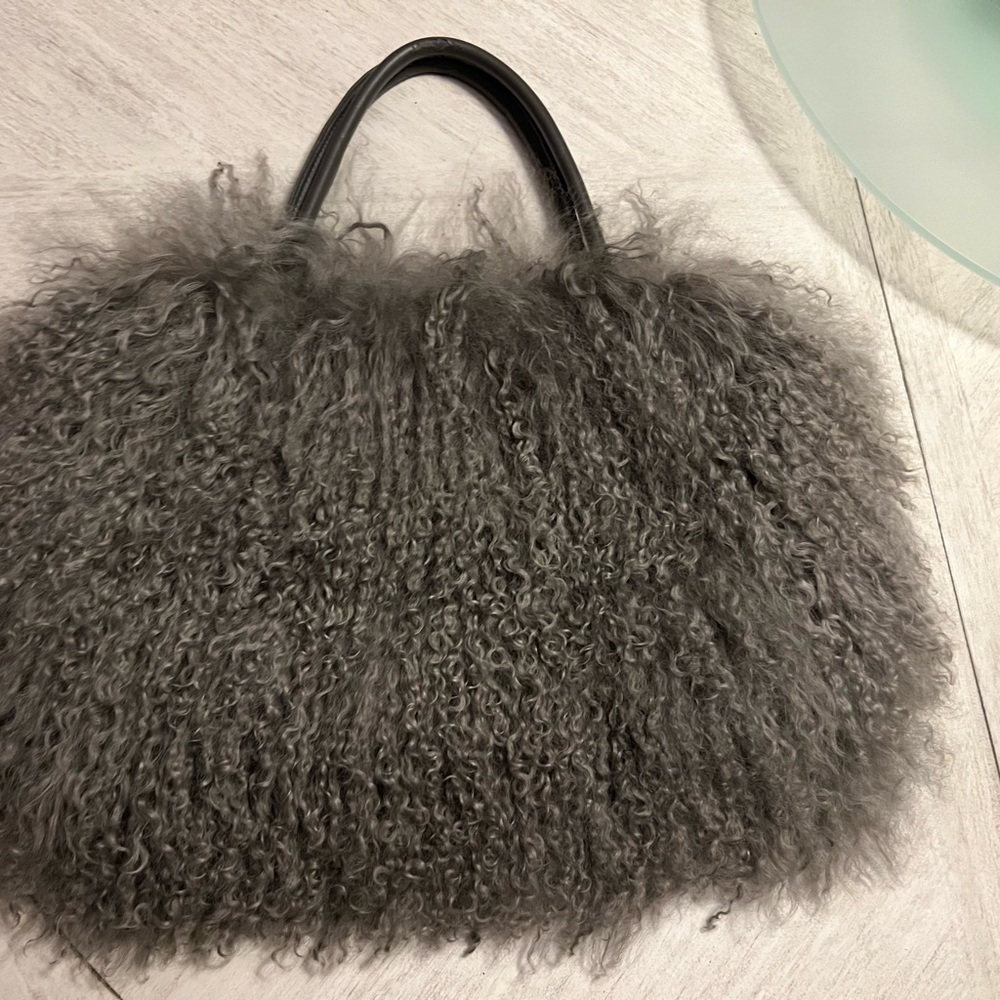 Gray Purplish Furry Bag- Rare-Handmade-Snap opening- vegan handlers